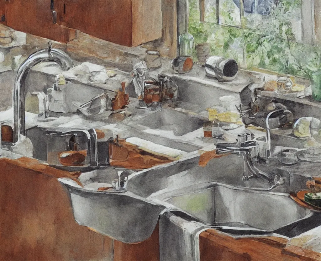 Image similar to artwork of Lucian Frued depicting kitchen sink