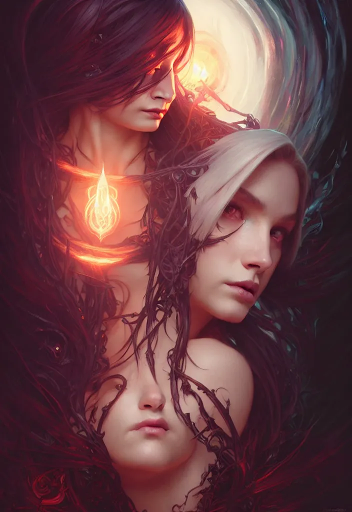 Image similar to Necromancer Sorceress face in center, fantasy magic, undercut hairstyle, dark light night, intricate, elegant, sharp focus, illustration, highly detailed, digital painting, concept art, matte, art by WLOP and Artgerm and Greg Rutkowski and Alphonse Mucha, masterpiece