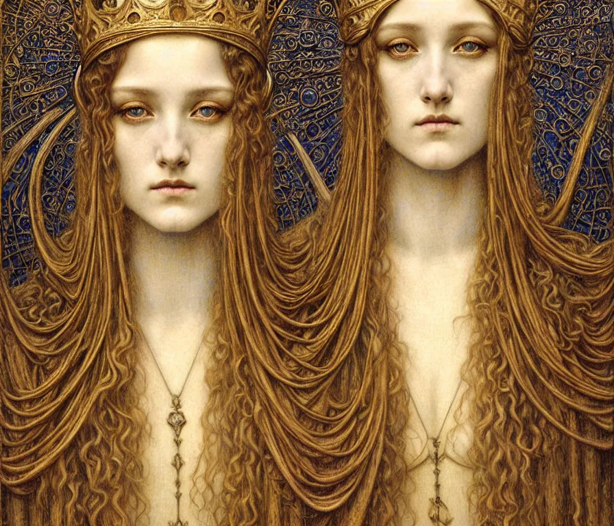 Image similar to detailed realistic beautiful young medieval queen face portrait by jean delville, gustave dore and marco mazzoni, art nouveau, symbolist, visionary, gothic, pre - raphaelite. horizontal symmetry