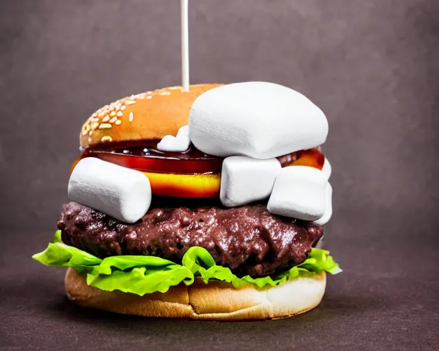 Image similar to dslr food photograph of burger with a layer of marshmallows in it, chocolate sauce, 8 5 mm f 1. 4