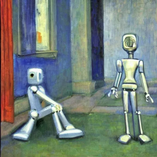 Prompt: two robots discussing humans, impressionist painting