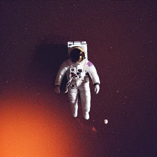 Prompt: photograph of an astronaut against the pitch black darkness of space, full body photo, lit from below, amazing light and shadow contrast,, 8 k