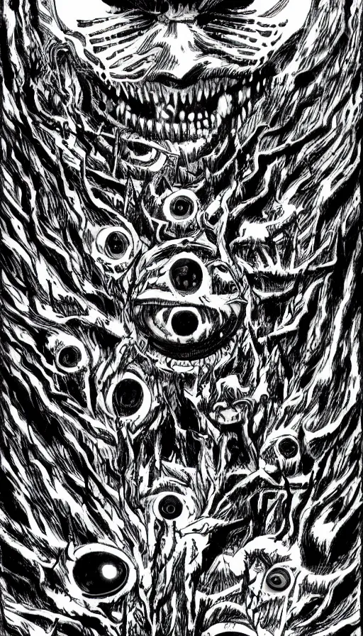 Prompt: a storm vortex made of many demonic eyes and teeth over a forest, by hajime isayama