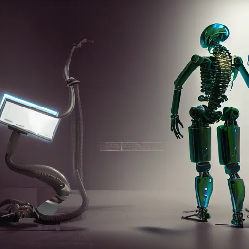 Image similar to conception of a android from a corrupted industry, liquids, cables, skeleton, robotic arm, cyberpunk style, details, studio lighting, realism, complex lights