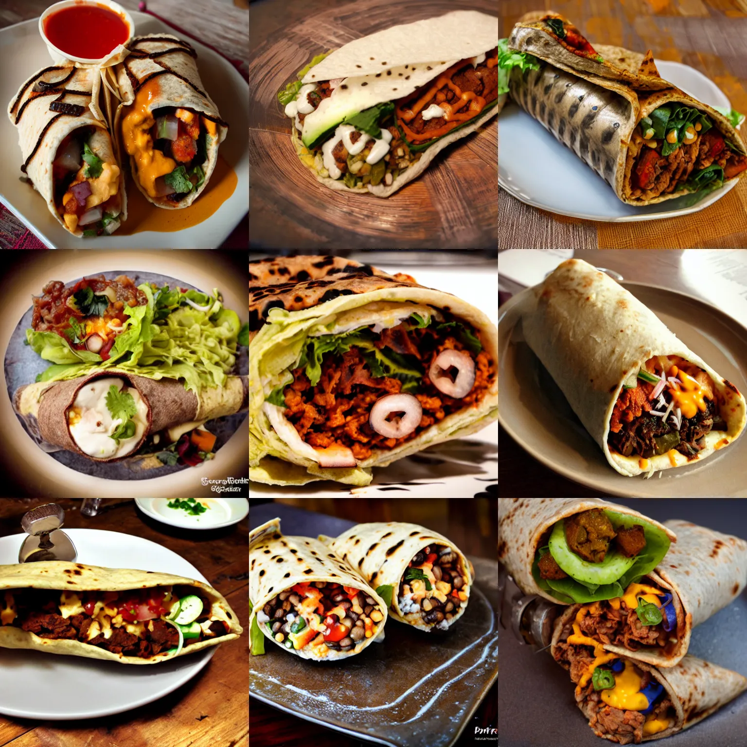 Prompt: steampunk burrito, food photography