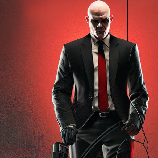 Image similar to agent 4 7 from hitman wearing headphones and listening to music in front of large stereo speakers surrounded by cables, black background, red rim light, highly detailed, smooth, sharp focus, art by ali kiani amin