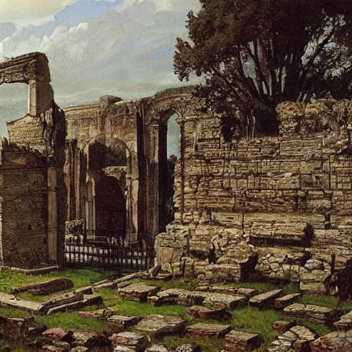 Image similar to roman ruins in the english countryside, dark ages, 8 th century, by james gurney