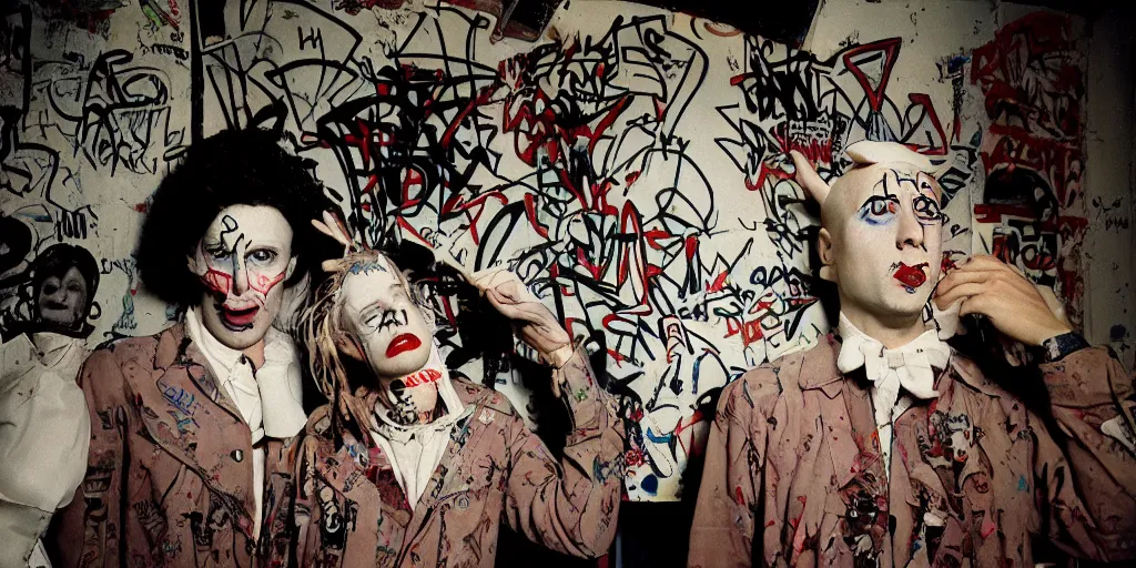 Image similar to polymer coneheads French band photoshoot inside abandoned dollhouse, 1980s surrealism aesthetic, detailed facial expressions, graffiti on the walls and ceiling