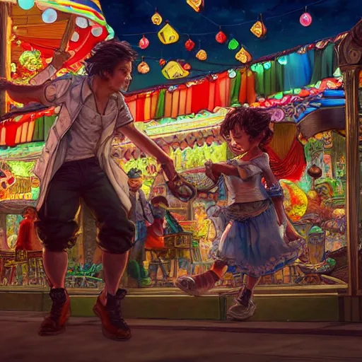 Prompt: a churro dancing away from a chubby kid that's trying to eat it at a carnival, an ultrafine hyperdetailed illustration by kim jung gi, irakli nadar, intricate linework, bright colors, octopath traveler, final fantasy, unreal engine 5 highly rendered, global illumination, radiant light, detailed and intricate environment