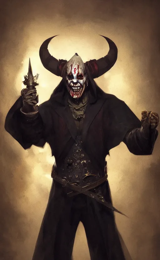 Image similar to full body portrait of villainous male jester, dark, twisted. musular. medieval. highly detailed, cinematic lighting, digital art painting by greg rutkowski, trending on artstation