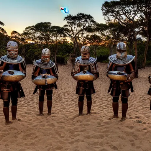 Prompt: A group of armoured Spanish conquistadors holding lanterns on a sandy beach Cove in middle of a magical forest in a dark night. Inca ruins in the background. Pale crescent moon in the sky. Award winning photography