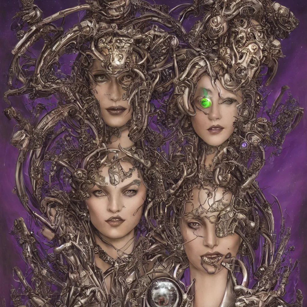 Prompt: alluring beautiful alien queen with sparkling eyes, art nouveau declotage, perfect symmetrical facial features, and hyperrrealistic anatomy by olivia de bernardinis, travis charest, chris achilleos and rodney matthews, extremely hyperdetailed, mixed media painting, unreal engine, 8 k, octane, 8 mm,