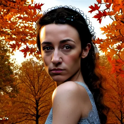 Image similar to beautiful stella maeve magician, in the style of henry peach robinson, realistic character concept, bird's eye overhead shot, elegant pose, spooky, illustration, symmetrical face and body, volumetric lighting, detailed realistic symmetrical eyes, 8 k, single face, insanely detailed and intricate elegant, autumn leaves