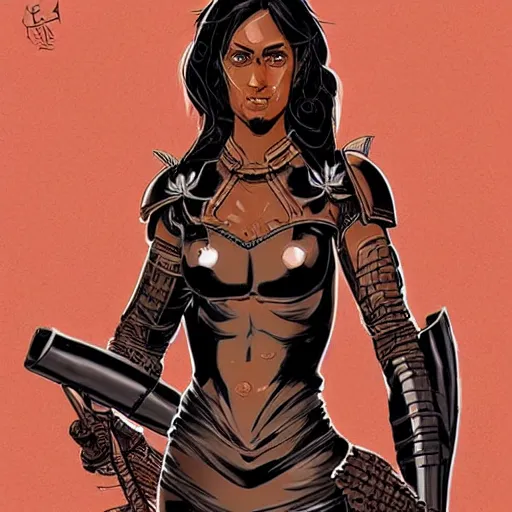 Image similar to a beautiful warrior woman with tan skin and dark hair wearing black catsuit covered by modern plates of body armour, she is holding a long staff, intricate, elegant, highly detailed, detailed face, smooth, sharp focus, high contrast, graphic novel, art by laurie greasley,