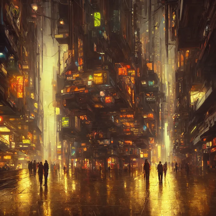 Image similar to an epic painting of the city street underground, oil on canvas, cold colors, perfect composition, golden ratio, beautiful detailed, photorealistic, digital painting, artstation, concept art, smooth, sharp focus, illustration, cyberpunk background, artstation trending, octane render, unreal engine