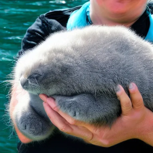 Prompt: incredibly fluffy cat sized pygmy manatee being cradled by a person, realistic, fantasy, pet, adorable, national geographic