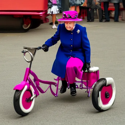 Image similar to queen elizabeth riding a tiny tricycle, color photograph, f8, dramatic angle