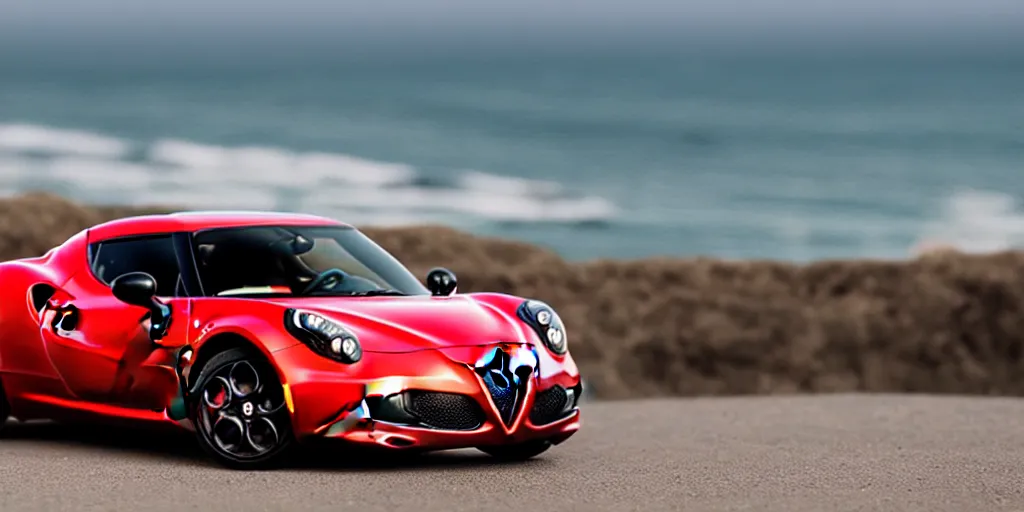 Image similar to Hot Wheels, 2015 Alfa Romeo 4C, cinematic, PCH, california coast, 8k, depth of field, bokeh.