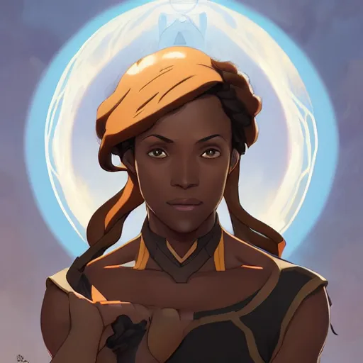 Image similar to Portrait of Avatar Korra, Legend of Korra, melanated brown skin, afro, black intricate, elegant, highly detailed, digital painting, artstation, concept art, smooth, sharp focus, illustration, art by artgerm and greg rutkowski and alphonse mucha