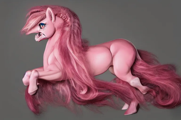 Image similar to Pinkie Pie equine with back towards from the viewer, professional photography and mood lighting, anatomically correct equine photo, laying down, flowing mane and tail, relaxed expression