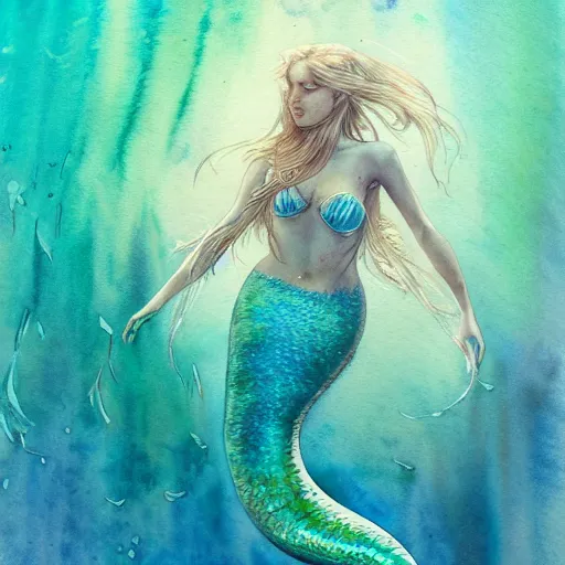 Image similar to watercolor beautiful mermaid swimming underwater, watercolor, hyperdetailed, 4 k, artstation,