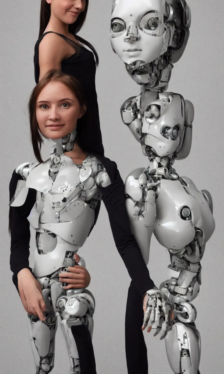 Image similar to full body photo of a woman with human face and robot body, robot body, steel body, human face, cyborg body