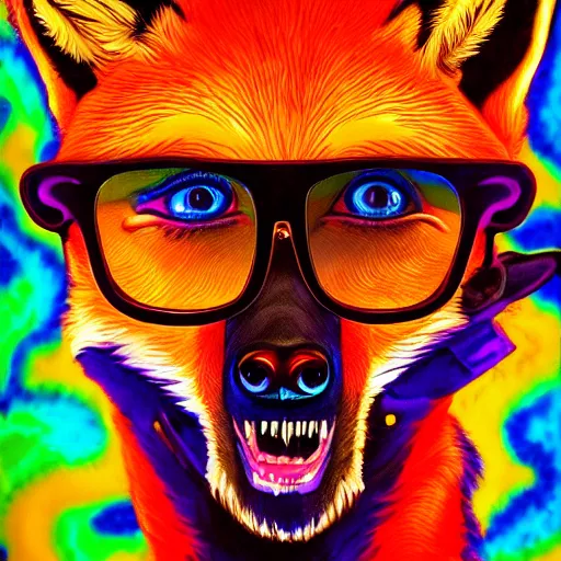 Prompt: portrait of a humanoid fox in the movie fear and loathing in las vegas, extremely detailed, psychedelic, trippy, digital painting, centered, cinematic lighting, vertical symmetry, trending, artstation