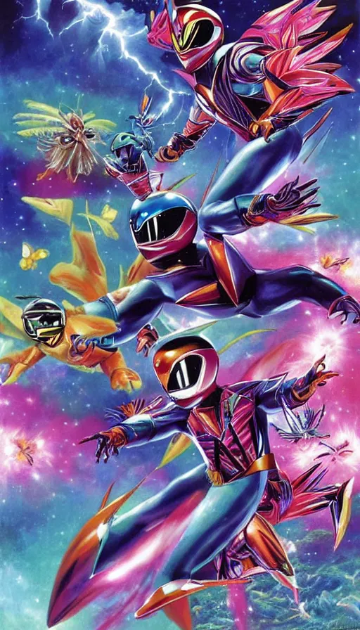 Prompt: stephen Hawkins as power ranger fighting gremlins vs mothra art by Noriyoshi Ohrai and Lisa Frank