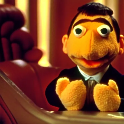 Prompt: mr. bean as a muppet from the muppet show. movie still. cinematic lighting.