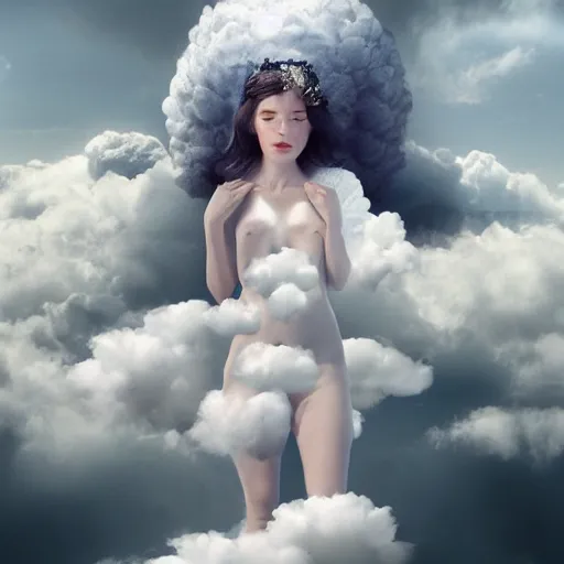 Image similar to goddess wearing a cloud fashion on the clouds, photoshop, colossal, creative, albino skin, giant, digital art, photo manipulation, clouds, covered in clouds, girl clouds, on clouds, covered by clouds, a plane flying, white hair, digital painting, artstation