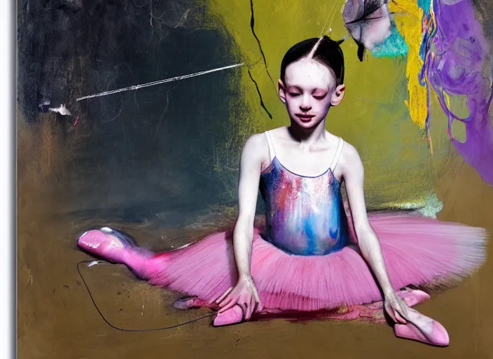 Prompt: portrait of nervous young girl ballerina sitting on the floor focusing in a dance hall by hernan bas and francis bacon and alberto seveso and pat steir and hilma af klint, psychological, symmetrical face, dripping paint, washy brush, matte painting, rendered in octane, altermodern, masterpiece