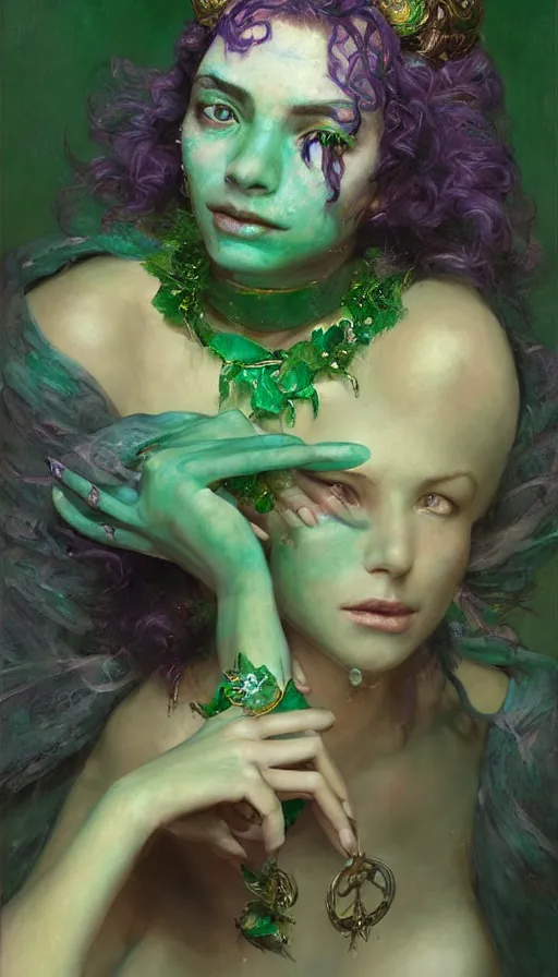 Image similar to epic masterpiece portrait of a female jester, sweaty skin, hyperrealistic, octane render, cinematic, beautiful face and flawless skin, perfect hands, emeralds by Edgar Maxence and Ross Tran and Michael Whelan, Legends of Runeterra