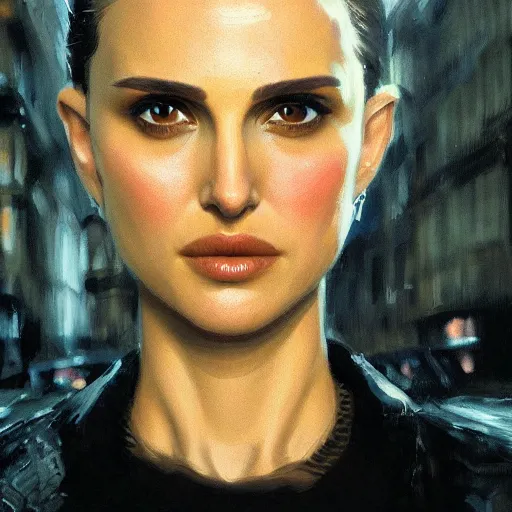 Prompt: closeup portrait of natalie portman from the movie leon the professional, city background, dramatic light, gorgeous view, depth, high detail, digital art, painted by greg rutkowski and seb mckinnon, by tim burton, trending on artstation