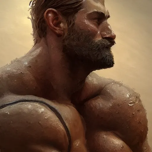 Image similar to portrait of a rugged ranger, muscular, upper body, hairy torso, detailed detailed detailed hands hands hands hands, D&D, fantasy, bare bare bare bare thighs thighs thighs intricate, elegant, highly detailed, digital painting, artstation, concept art, smooth, sharp focus, illustration, art by wlop