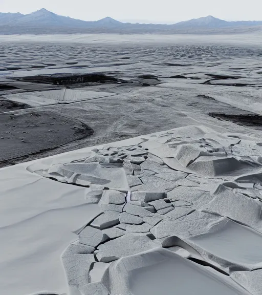 Image similar to hyperealistic render of white bioremediation architecture, mining tailings atacama desert, uhd, high detail, corona render, unreal engine, ue 5, vray, by peter zumthor, trending on artstation