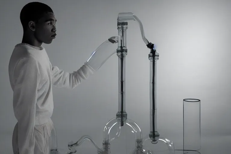 Prompt: clear plastic pipes transporting liquid through a y 2 k crt dreamscape, porcelain figure standing and looking at the pipes, low - light photograph, in style of tyler mitchell