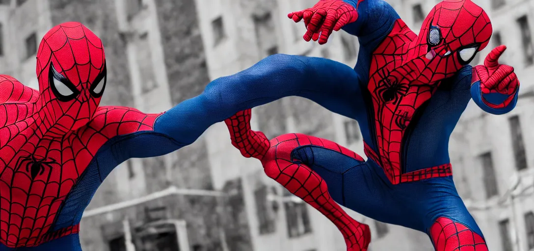 Image similar to Gigachad as Spider-Man, film still, wide-shot, full shot, cinematic lens, heroic portrait