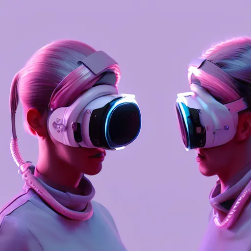 Image similar to intense futuristic bespoke vr headset respirator with long cables like dreadlocks on a set of twin ninja hypebeasts, by ilya kuvshinov and james jean and sorayama and ikeuchi and hiroya oku and gilleard james, artstation trending, 8 k, 3 d render, photorealistic, volumetric lighting caustics, pink