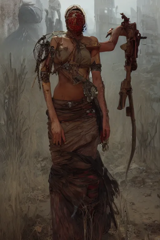 Prompt: a full body portrait of a beautiful post apocalyptic offworld farmers district bedouin blind pulp fiction scarlet wild rogue barbarian leper begging by the roadside, intricate, elegant, highly detailed, digital painting, artstation, concept art, smooth, sharp focus, illustration, art by krenz cushart and artem demura and alphonse mucha