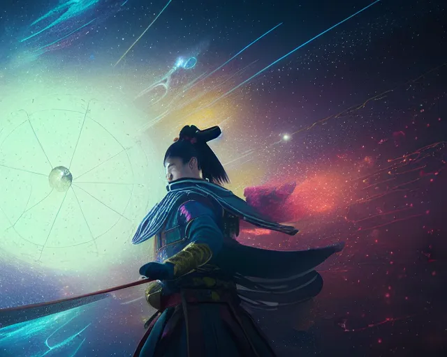 Image similar to a graceful samurai made of a illuminated star chart running through a space nebula by greg rutkowski, high key lighting, volumetric light, digital art, highly detailed, fine detail, intricate, ornate, complex, octane render, unreal engine, photorealistic