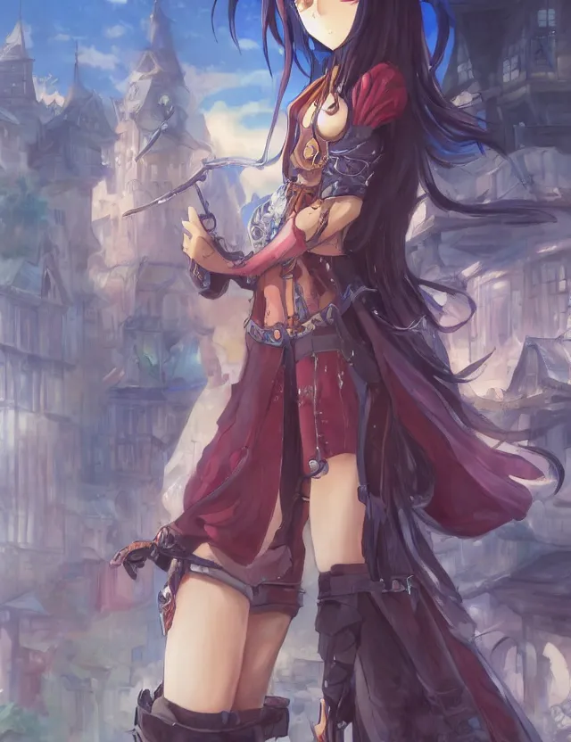 Image similar to anime scenery, wide angle portrait of a teenage girl in town center, confident knight's outfit, anime in fantasy style, trending artwork, painted in anime painter studio, by anato finstark, tony sart, marc simonetti and an anime artist, collaboration