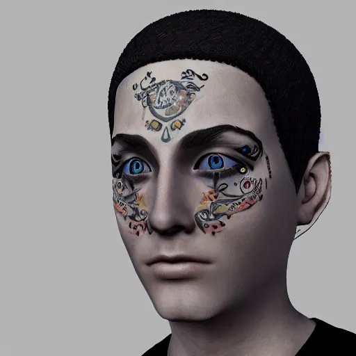 Image similar to detailed unreal engine 5 render of a blonde boy with face tattoos