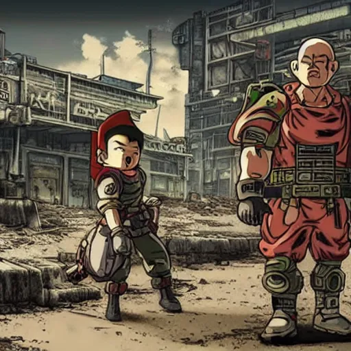 Prompt: ingame gameplay of a post-apocalyptic cyberpunk grimdark FPS video game in the style of akira toriyama in the style of fallout detailed realistic HD 8k High Resolution