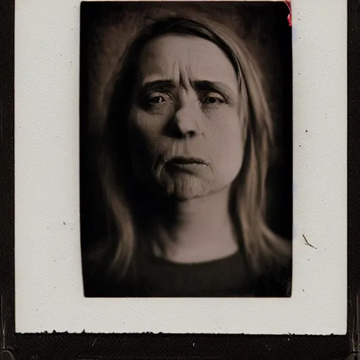 Prompt: portrait of woman. photo, surreal, harsh lighting. polaroid type 6 0 0. supernatural. horror. agonizing pain