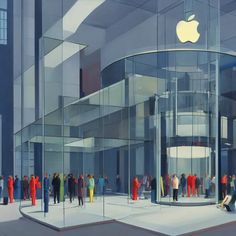 Prompt: inside apple store on opening day in London, painted by Edward Hopper, painted by James Gilleard, airbrush