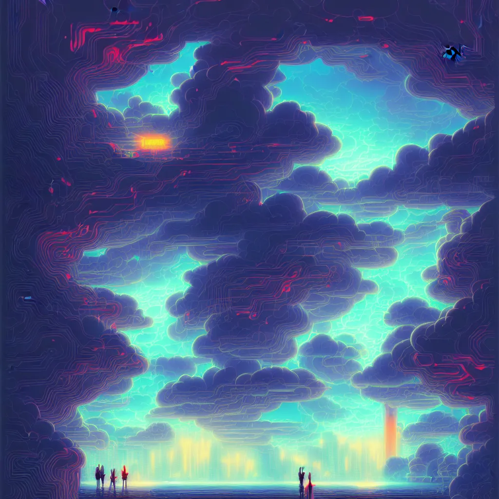 Image similar to illustration of a data-center architecture schema, connector, firewall, cloud, security, river, trees, thunderstorm, trending on Artstation, painting by Jules Julien, Leslie David and Lisa Frank and Peter Mohrbacher and Alena Aenami and Dave LaChapelle muted colors with minimalism