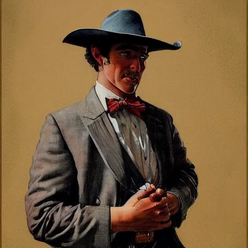 Prompt: portrait illustration of a man, cowboy hat, portrait, , wild west, fantasy, highly detailed, oil painting, illustration, art by Charles E. Chambers, J. C. Leyendecker and norman rockwell. Trending face portrait paintings