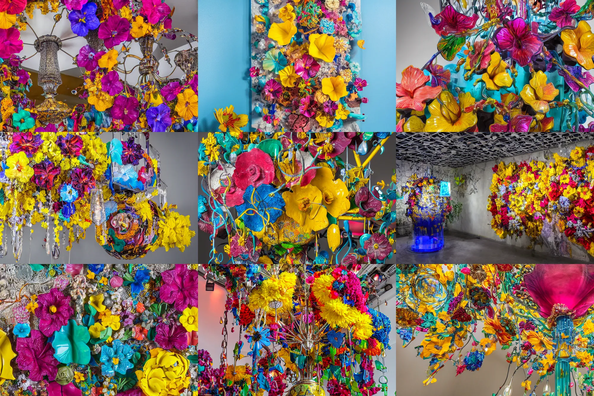 Prompt: abstract large scale mixed media sculpture made of intricate flowers, ceramics featuring colorful hibiscus, daffodils, glass chandelier by jennifer mccurdy, surrealistic, rectangular, museum piece, top lit, 4 k, trending in behance, wide angle shot, bokeh