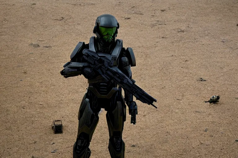 Prompt: vfx movie closeup, sci - fi super soldier in worn military futuristic armor, posing with futuristic rifle in alien technology temple, master chief by emmanuel lubezki