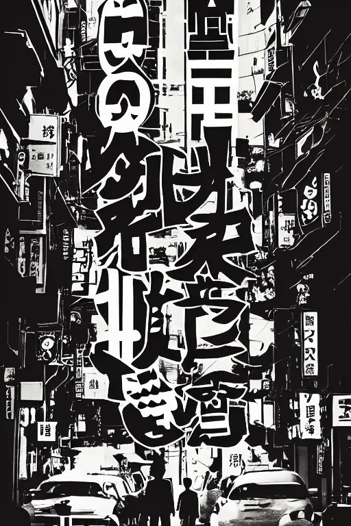 Image similar to movie poster, japanese lettering, minimalist, striking visuals, street gang in city, cereal dramatic lighting, epic composition